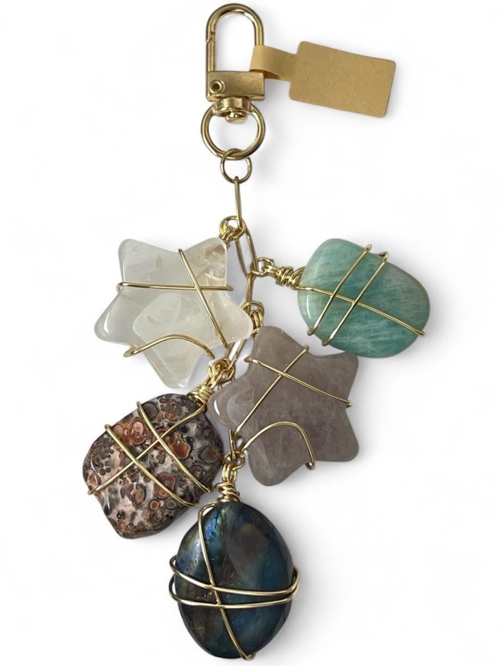 Handmade Crystal Bag Charm with five different stones wrapped in gold wire